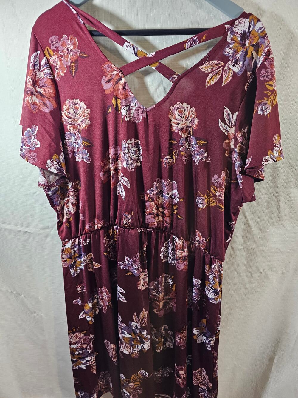 Maurices Maroon Floral Dress Flutter Sleeve Cross Back Maroon Floral Size 2